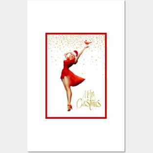 Christmas Pin-Up In Red Dress and Santa Hat Posters and Art